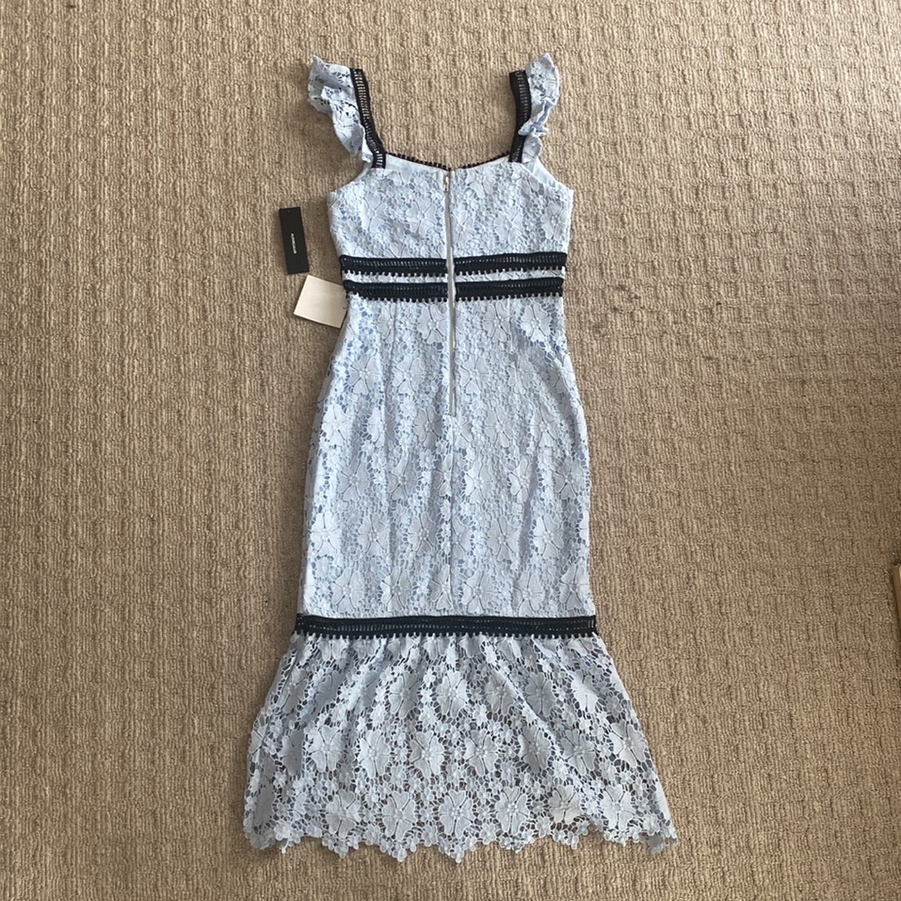 Lulu's Lace Crochet Eyelet Ruffle Hem Mermaid Blue Cocktail Midi Dress Gown - Picture 7 of 10